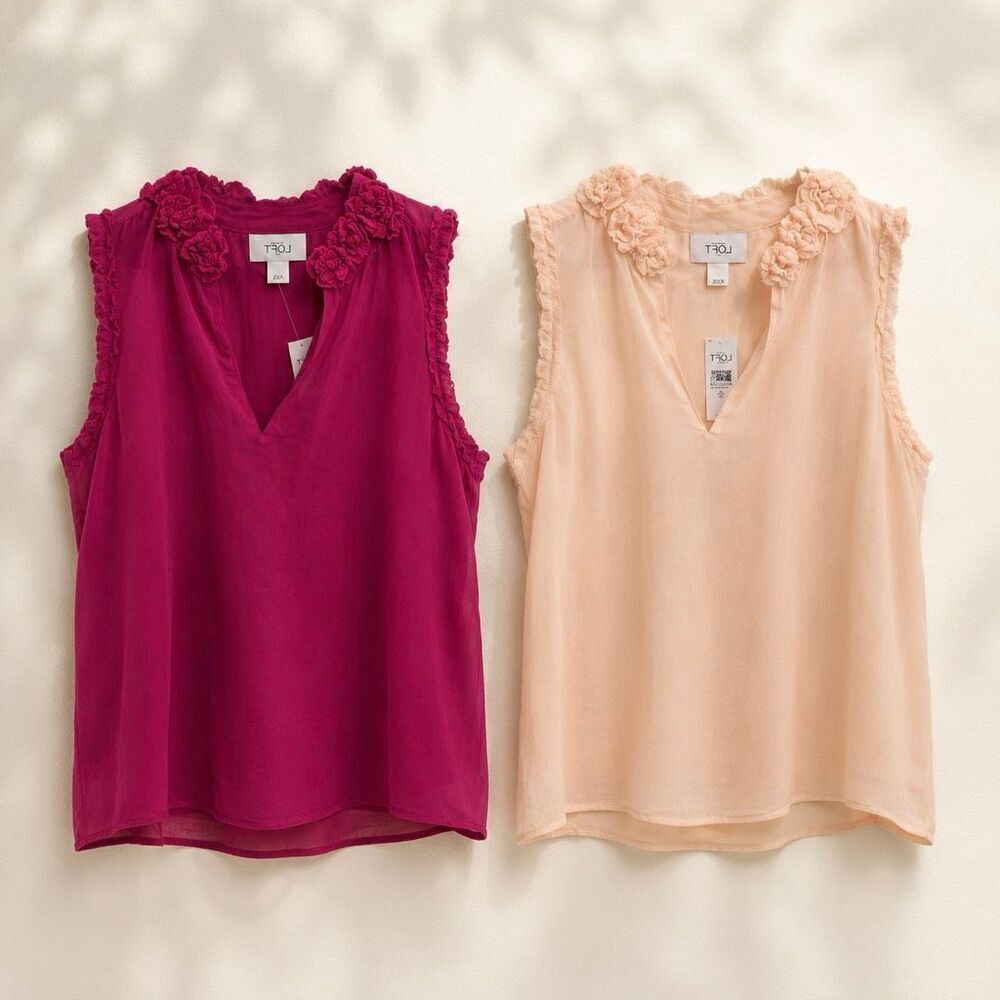 Set of 2 LOFT Rose Frilled Ruffled Sleeveless V Neck Tank Tops Small S